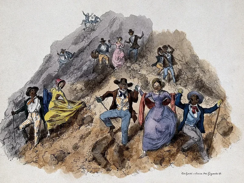 1805-Gaetano Dura - Persone che passeggiano lungo i pendii del Vesuvio